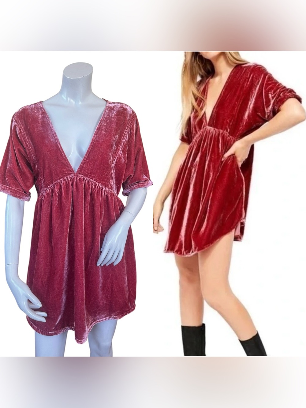 Free People Ivy Dusty Rose Pink Velvet Deep V Tunic Mini Dress Size XS